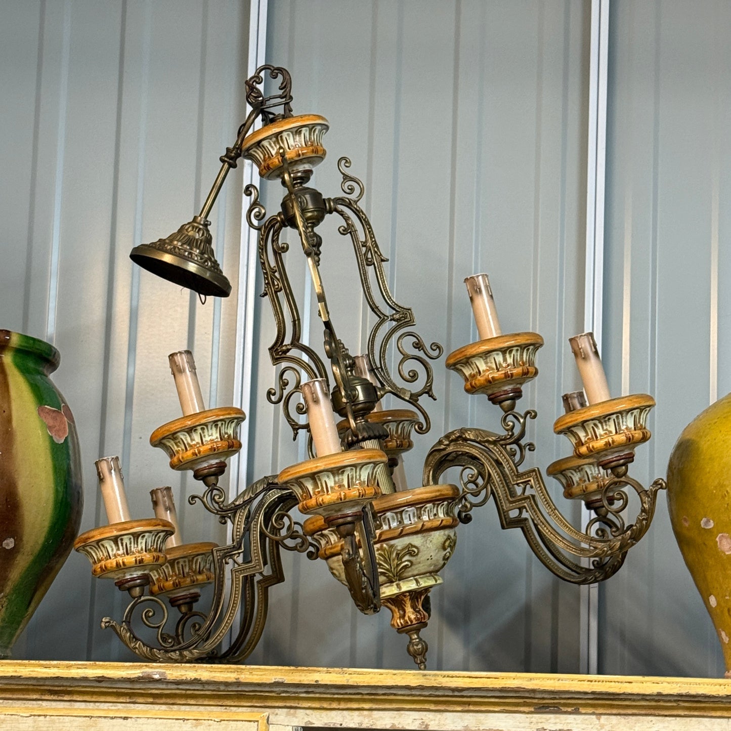 Vintage Italian Ceramic and bronze chandelier vintage