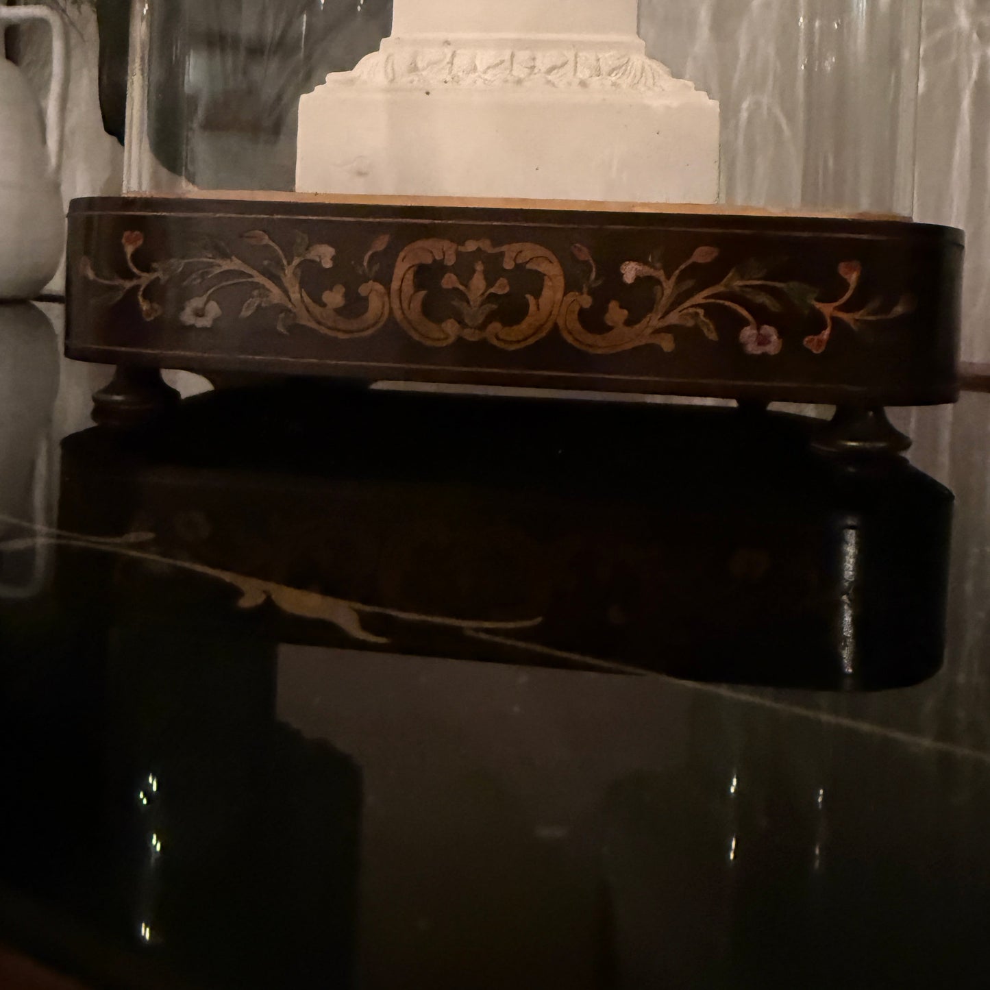 dome on a wooden surface. Antique French glass dome large oval   Marquetry
Base. Brass detail. 