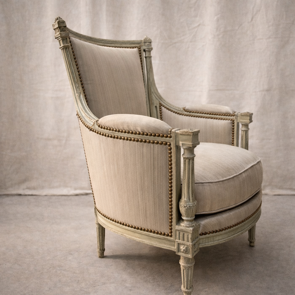 Louis XVI-Style Carved & Sage Peinte Bergère Chair set of 2
