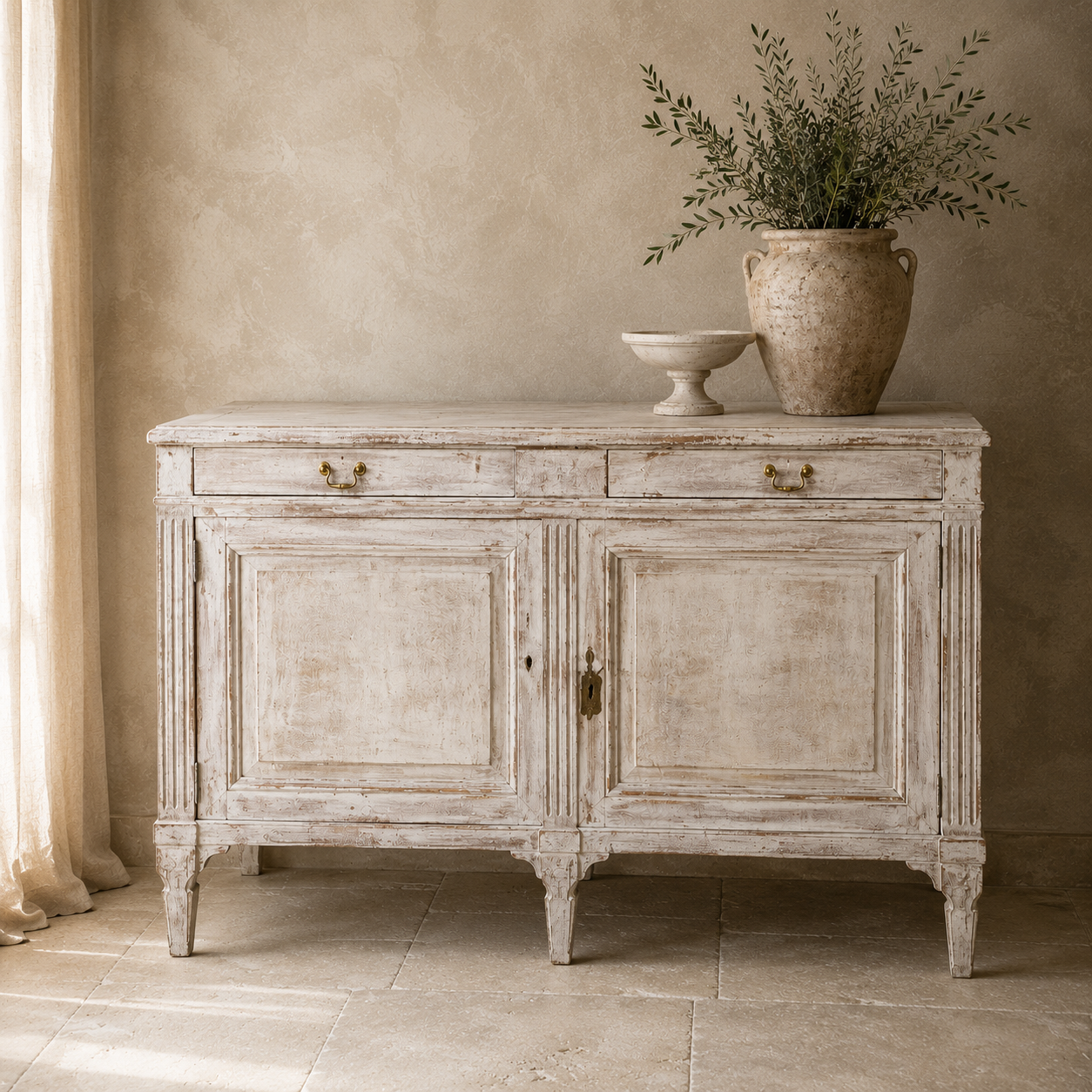 French Louis XVI Style Whitewashed Sideboard with Original Leather-Lined Writing Slide| 19th Century