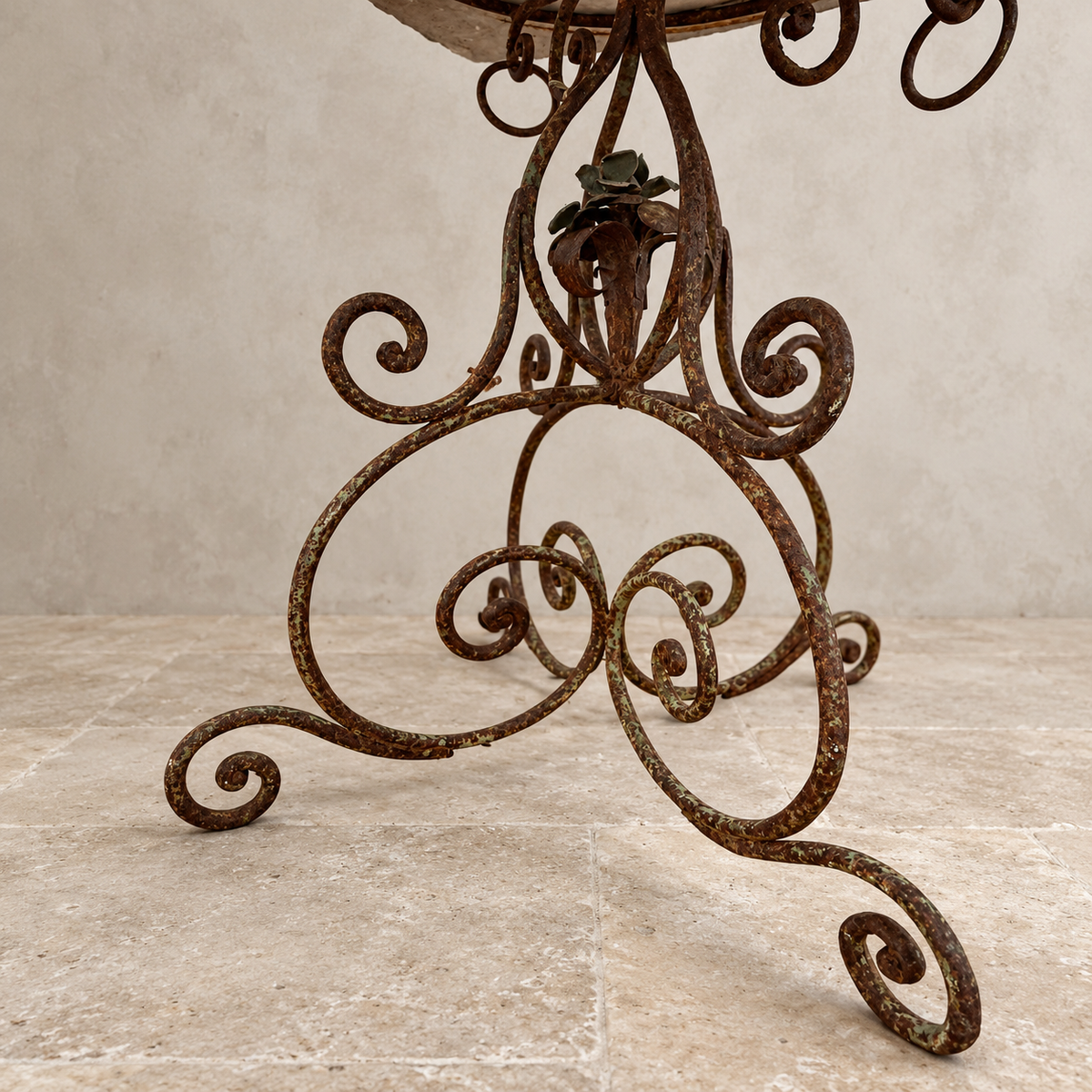 French Iron Scroll Table with White Marble Top