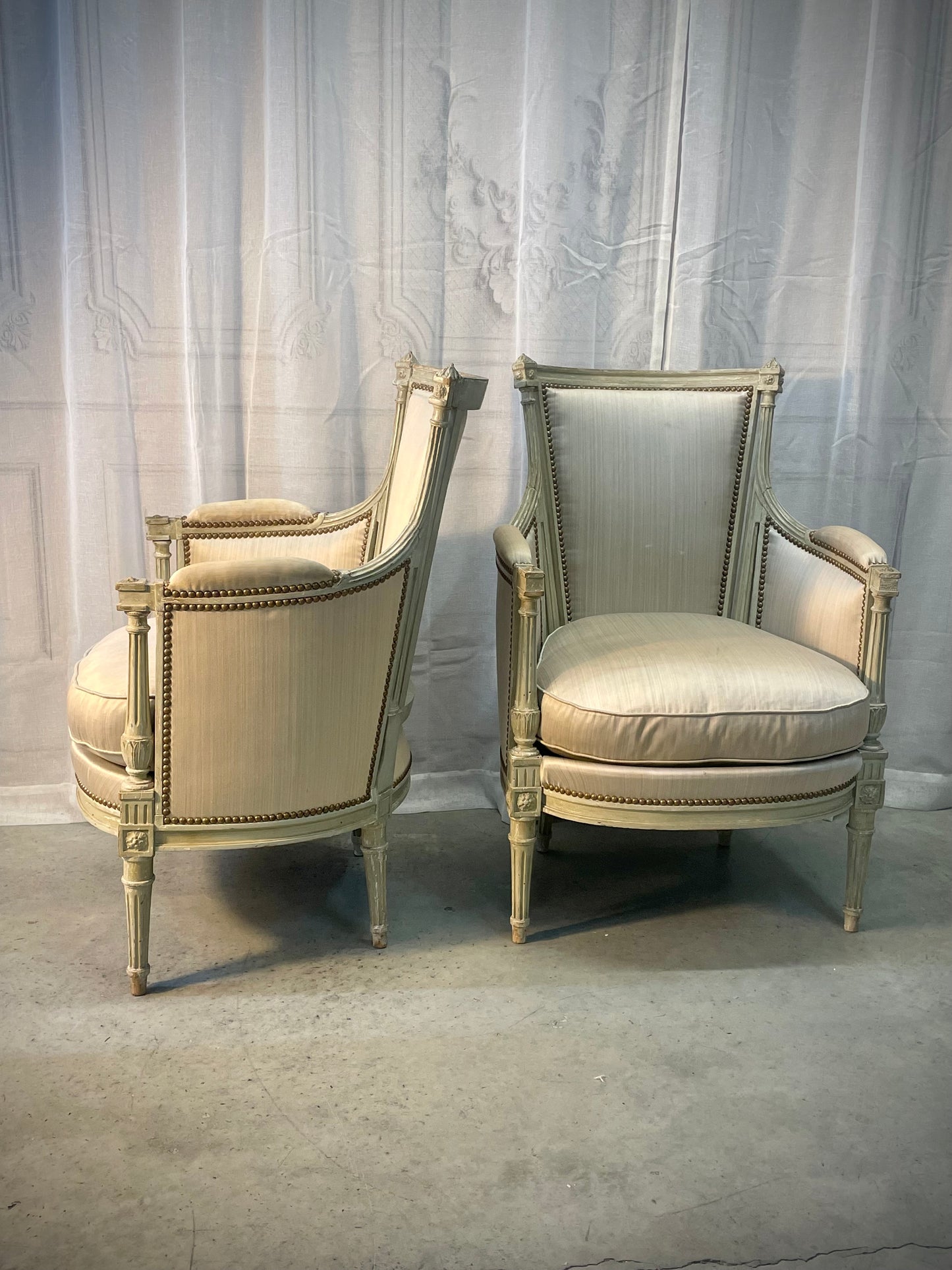 Louis XVI-Style Carved and Sage Peinte Bergère Chairs