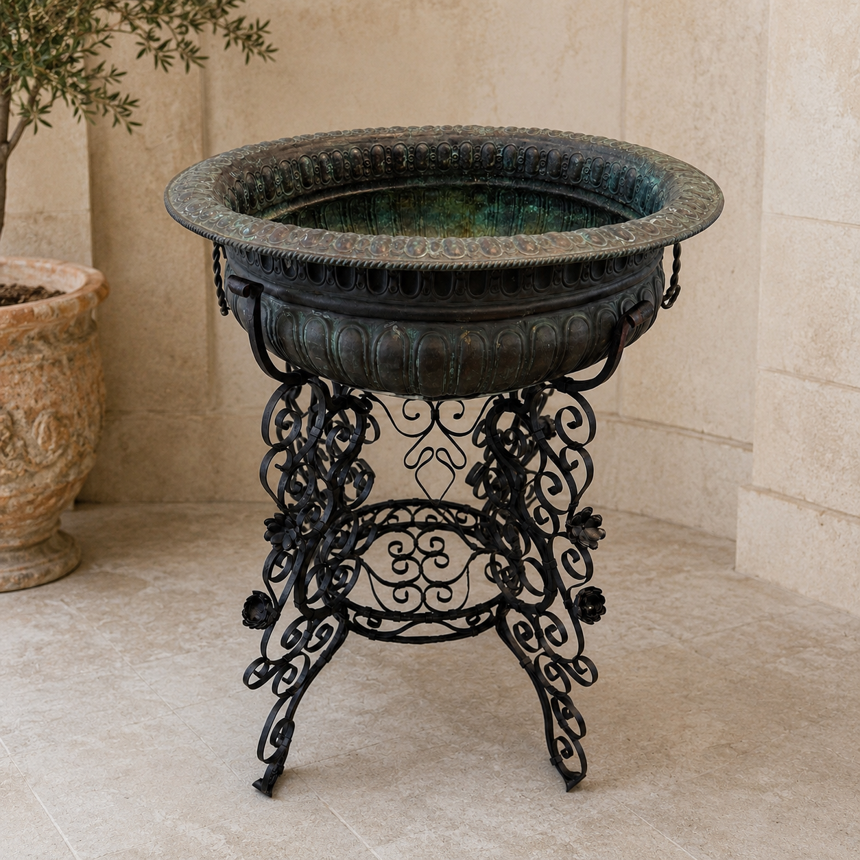 19th Century Italian Copper Braciere on Restored Hand-Forged Iron Stand