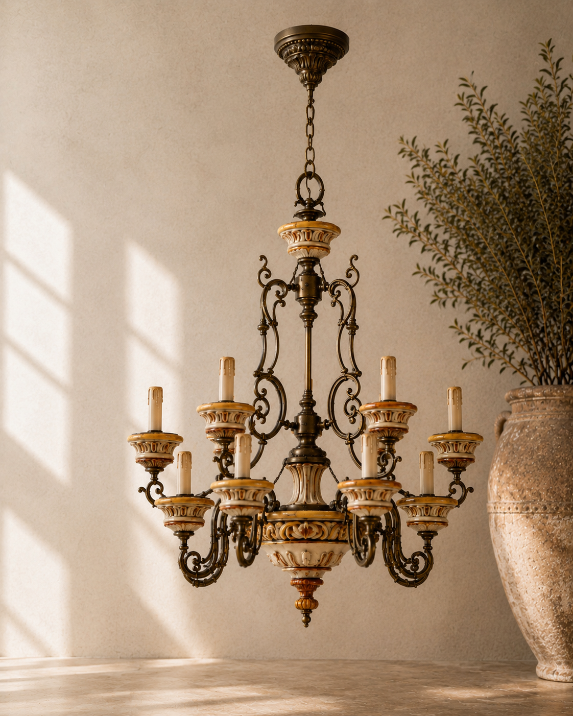 Large Italian ceramic chandelier hanging from ceiling in rustic room