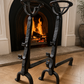 French Hand-Forged antique Iron Andirons with Brandy Warmers early 20th c