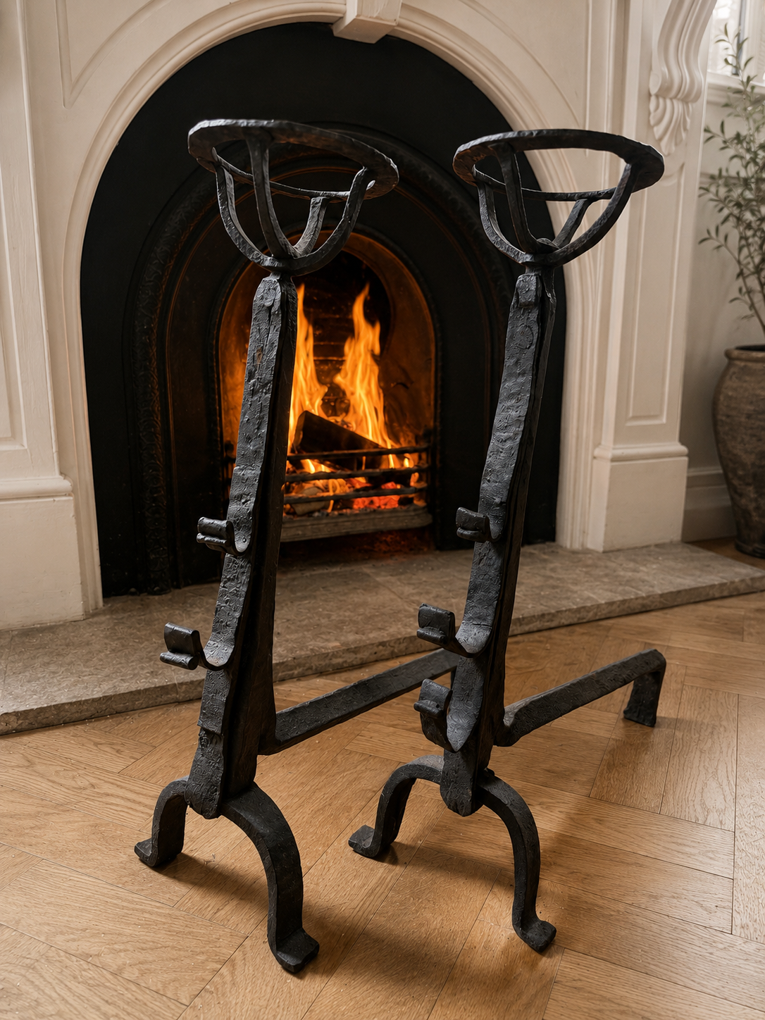 French Hand-Forged antique Iron Andirons with Brandy Warmers early 20th c