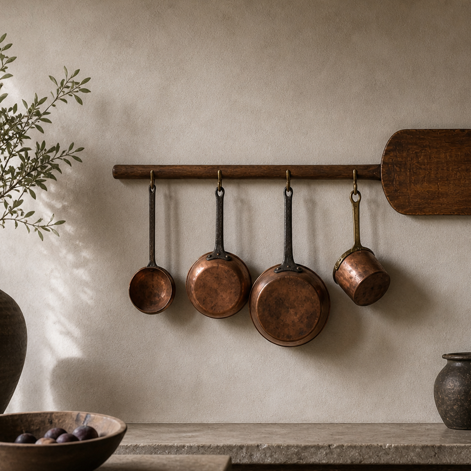 French bread panel antique with copper pots hanging from it in kitchen