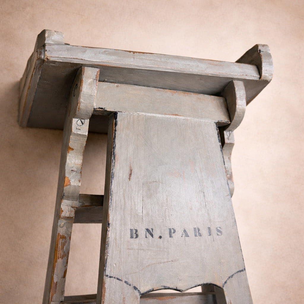 French Antique Library Ladder — Tall, “B.N. Paris” Bibliothèque Nationale