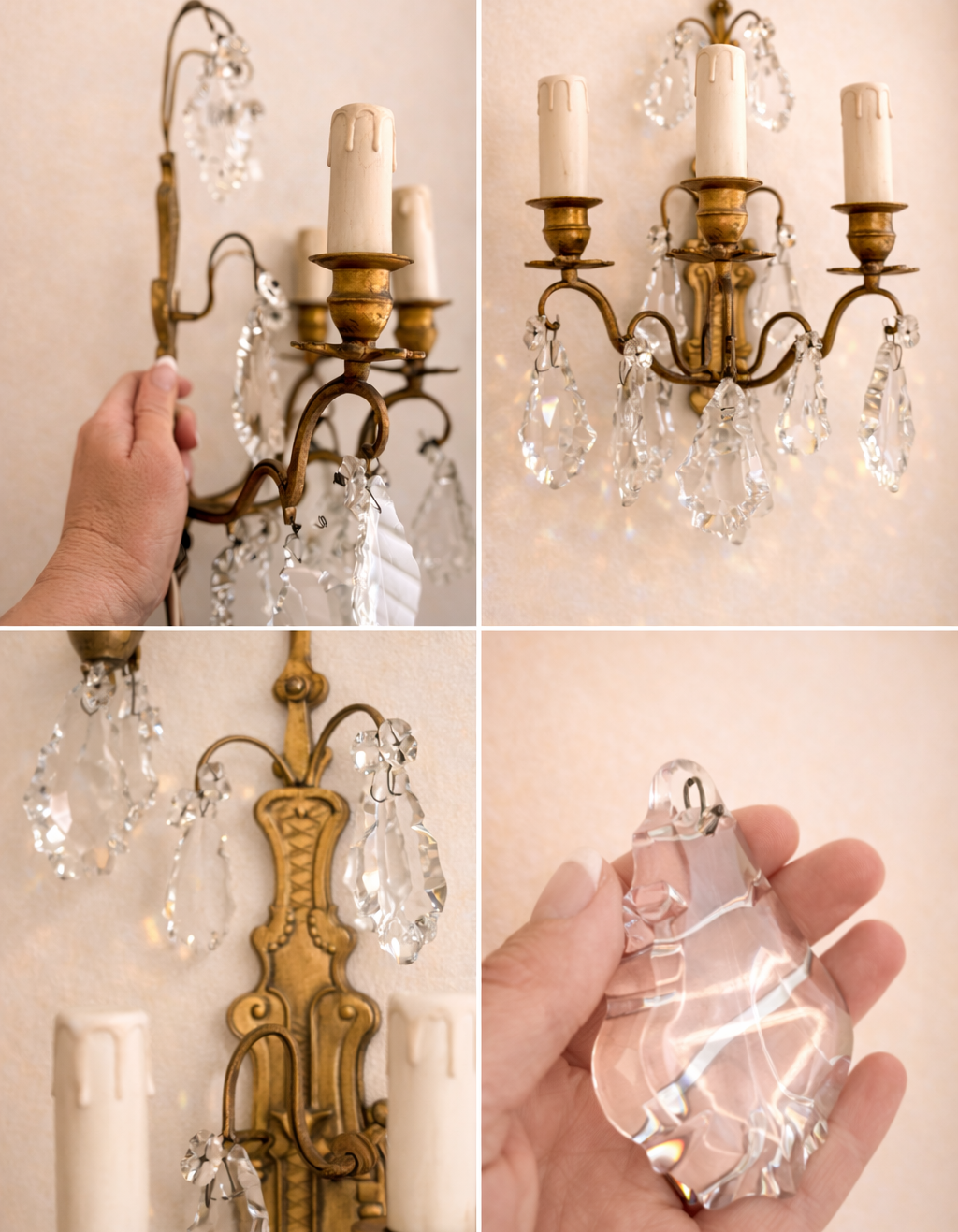 French Crystal and Brass Wall Sconce Pair