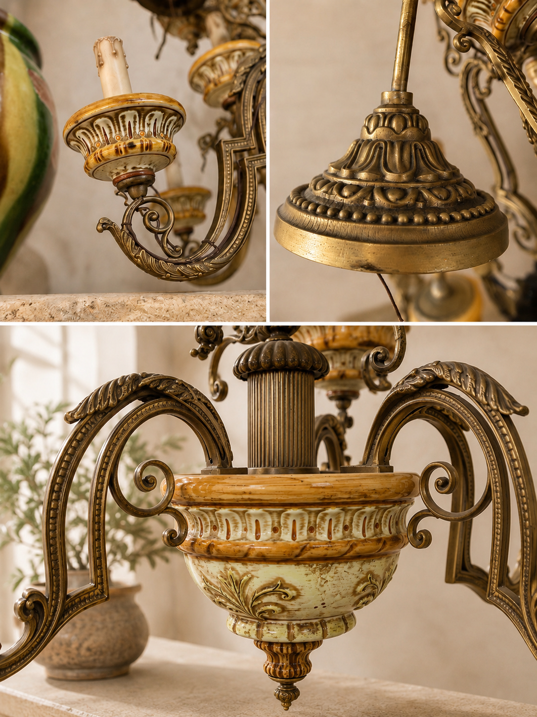 Large Italian Ceramic & Cast Metal Nine-Light Chandelier, Italy, circa 1970s