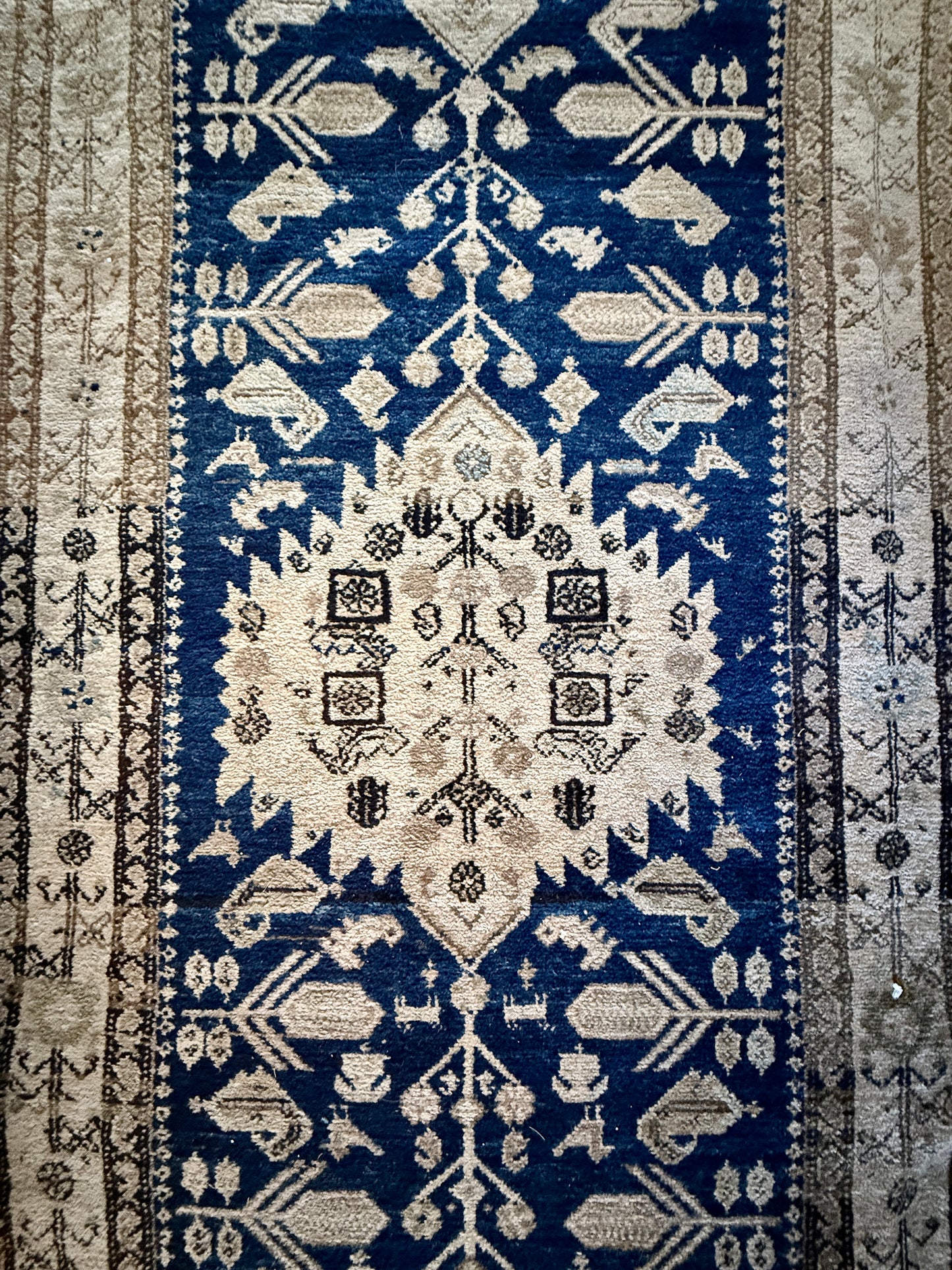 Antique French Sourced Wool Runner — c.1900–1920 | 5.0m Indigo Botanical Motif
By