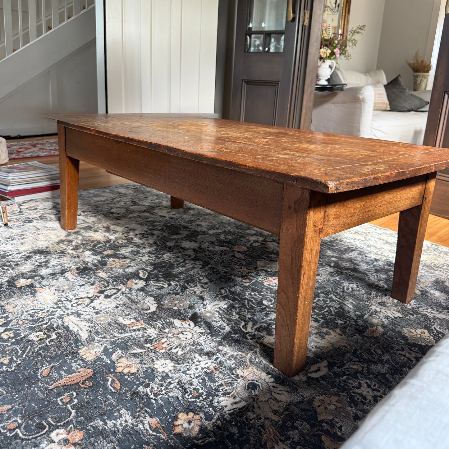 Antique French Provincial Dough Table Coffee Table with Original Flour Trough | 19th Century Rustic Farmhouse