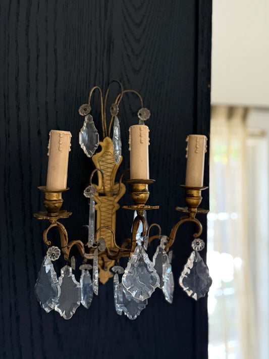 French Crystal and Brass Wall Sconce Pair