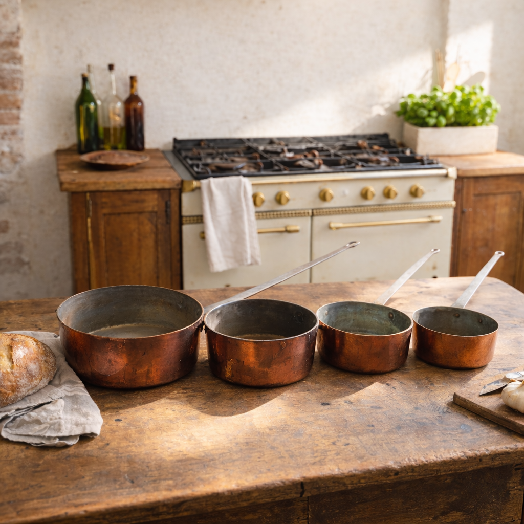 Set of 4 French Copper Saucepans