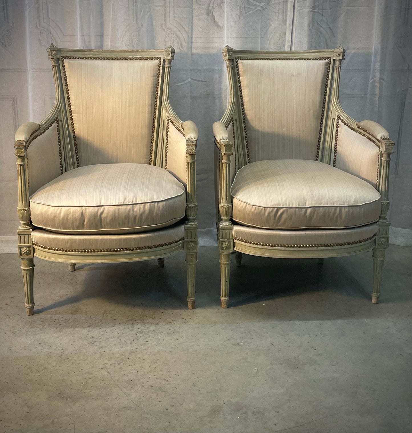 Louis XVI-Style Carved and Sage Peinte Bergère Chairs