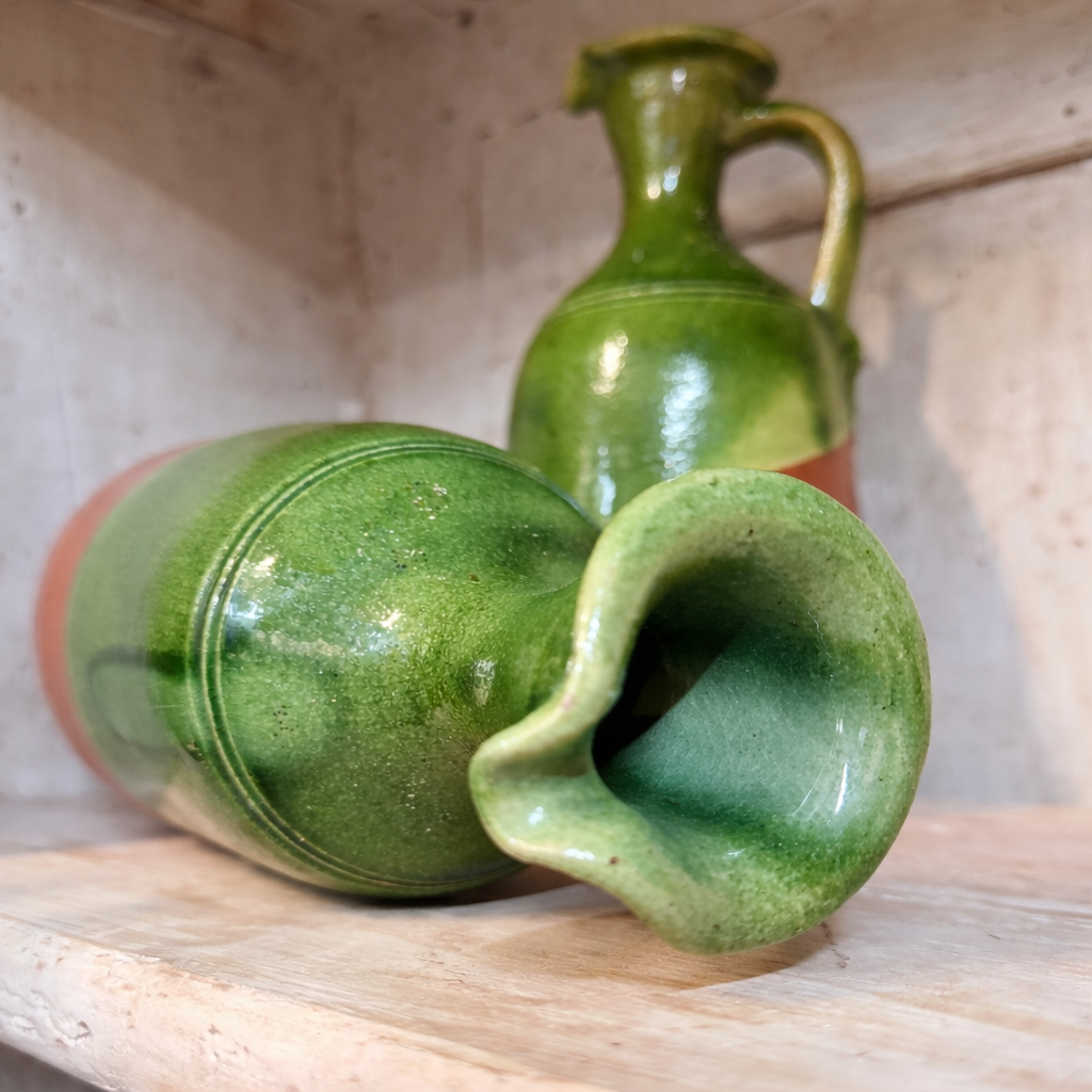 Vintage Italian Olive Oil Jugs (Pair) | Green Glaze over Terracotta, Mid–Late 20th Century