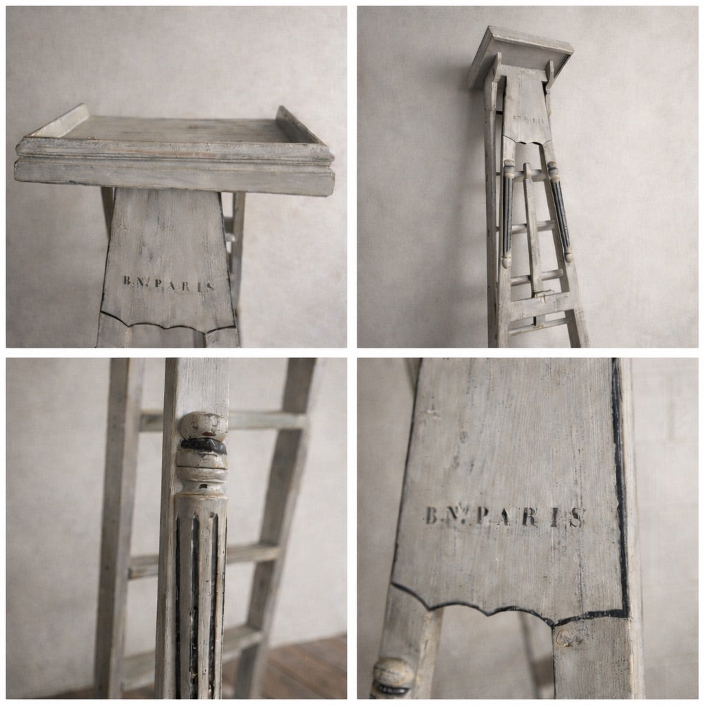 French Antique Library Ladder — Tall, “B.N. Paris” Bibliothèque Nationale