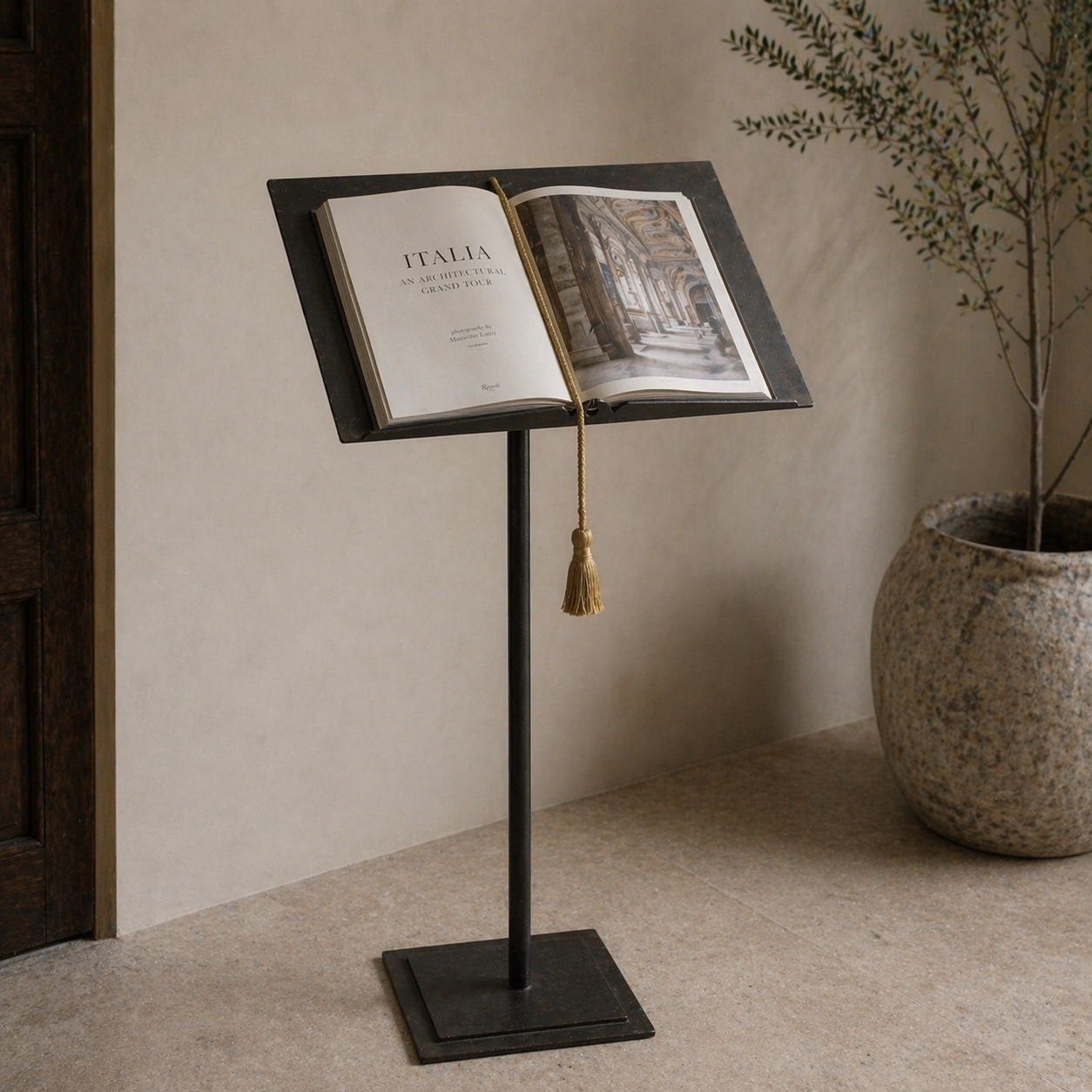 Italian forged iron lectern styled as sculptural pedestal with open book