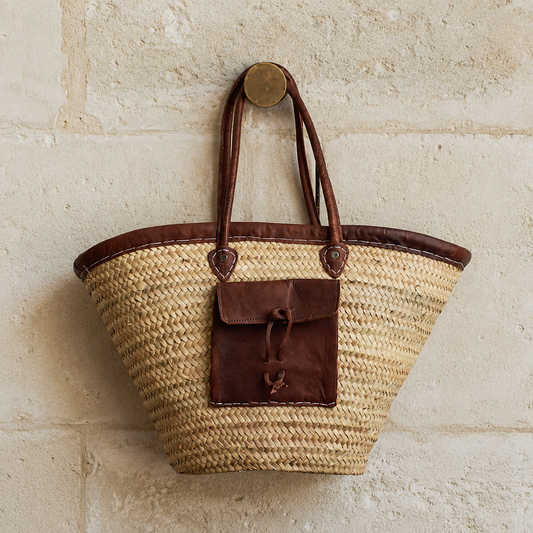 French Style Market Basket with Leather Trim & Pocket