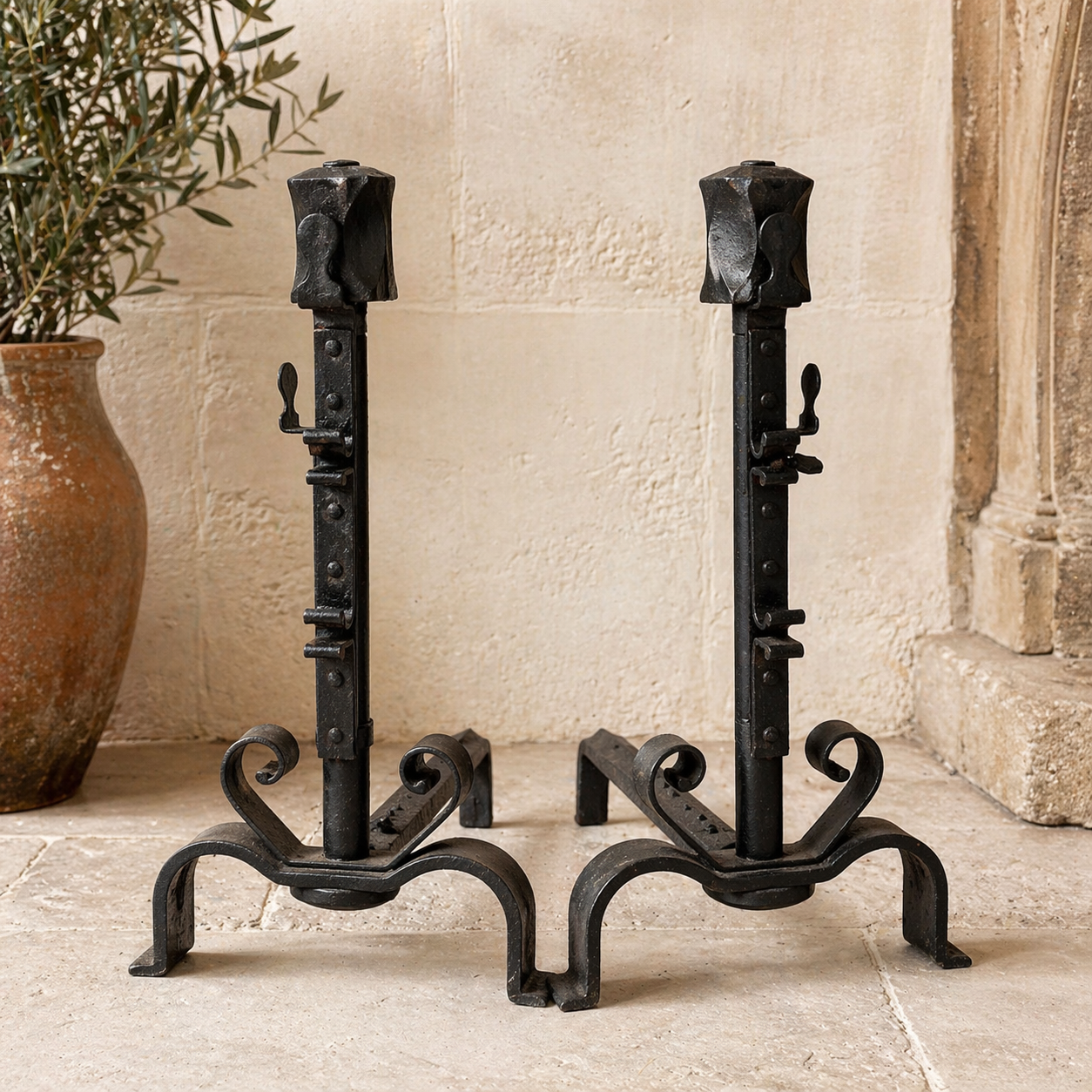 French Forged Iron Adjustable Andirons 20th Century