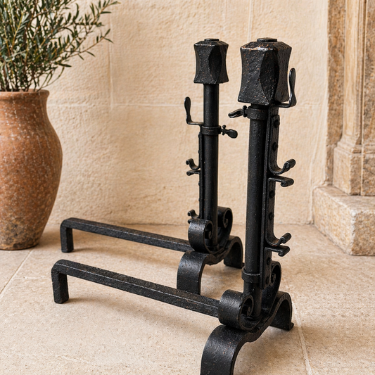French Forged Iron Adjustable Andirons 20th Century