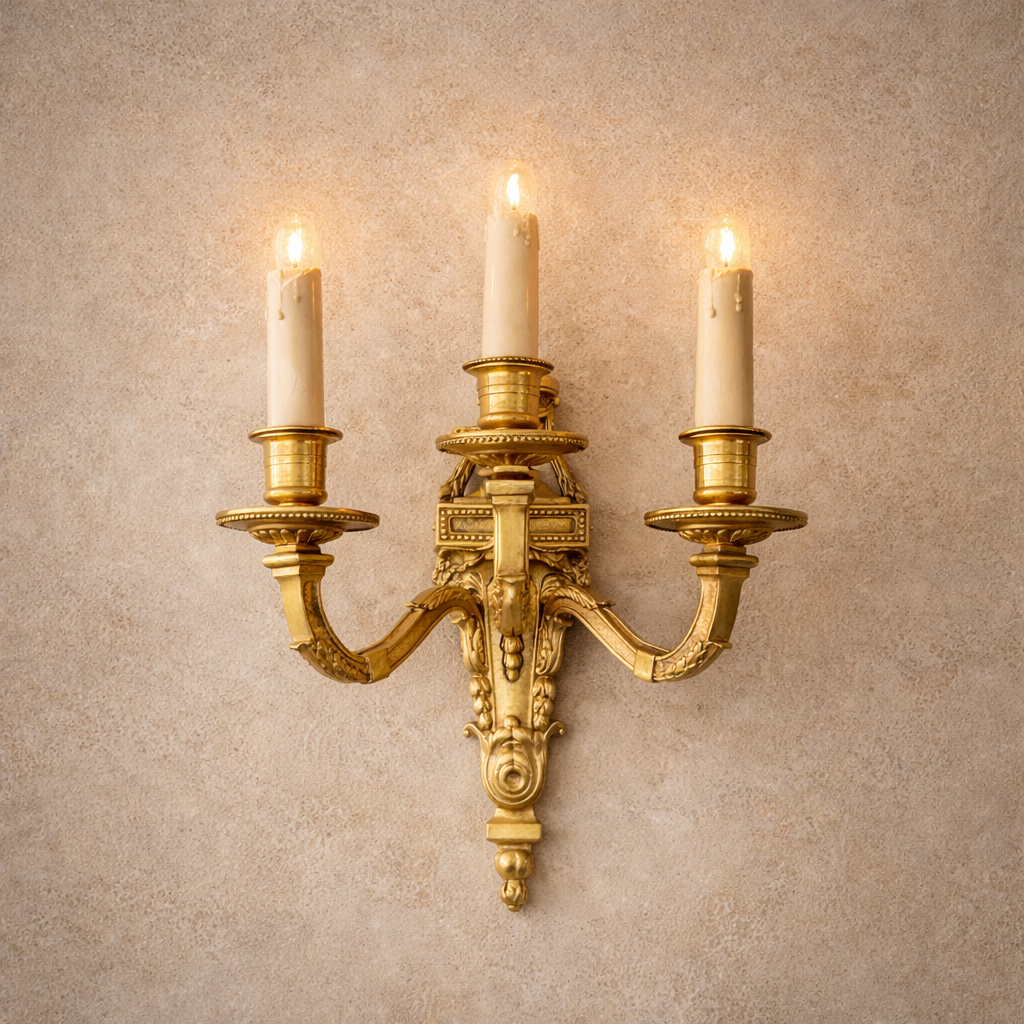 Louis XVI Style Three-Arm Brass Wall Sconces