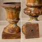 Collage of a rusted metal urn with detailed textures on a beige background. French antique details. 