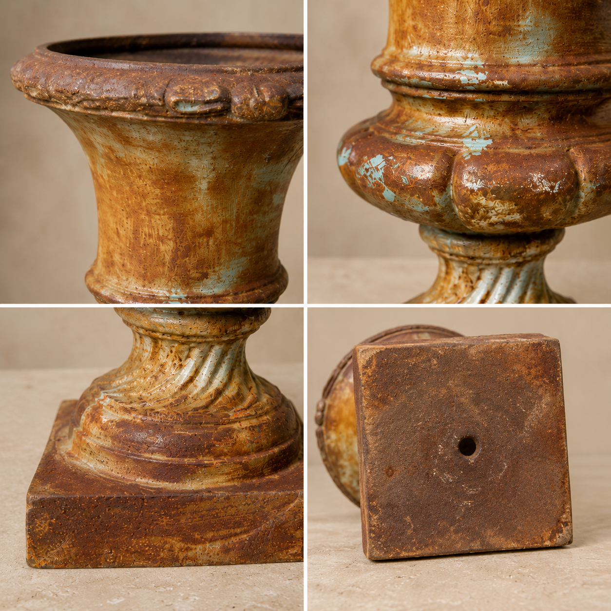 Collage of a rusted metal urn with detailed textures on a beige background. French antique details. 