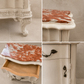 Collage of a decorative cabinet with marble top and drawer. Italian marble bedside tables with red marble.  