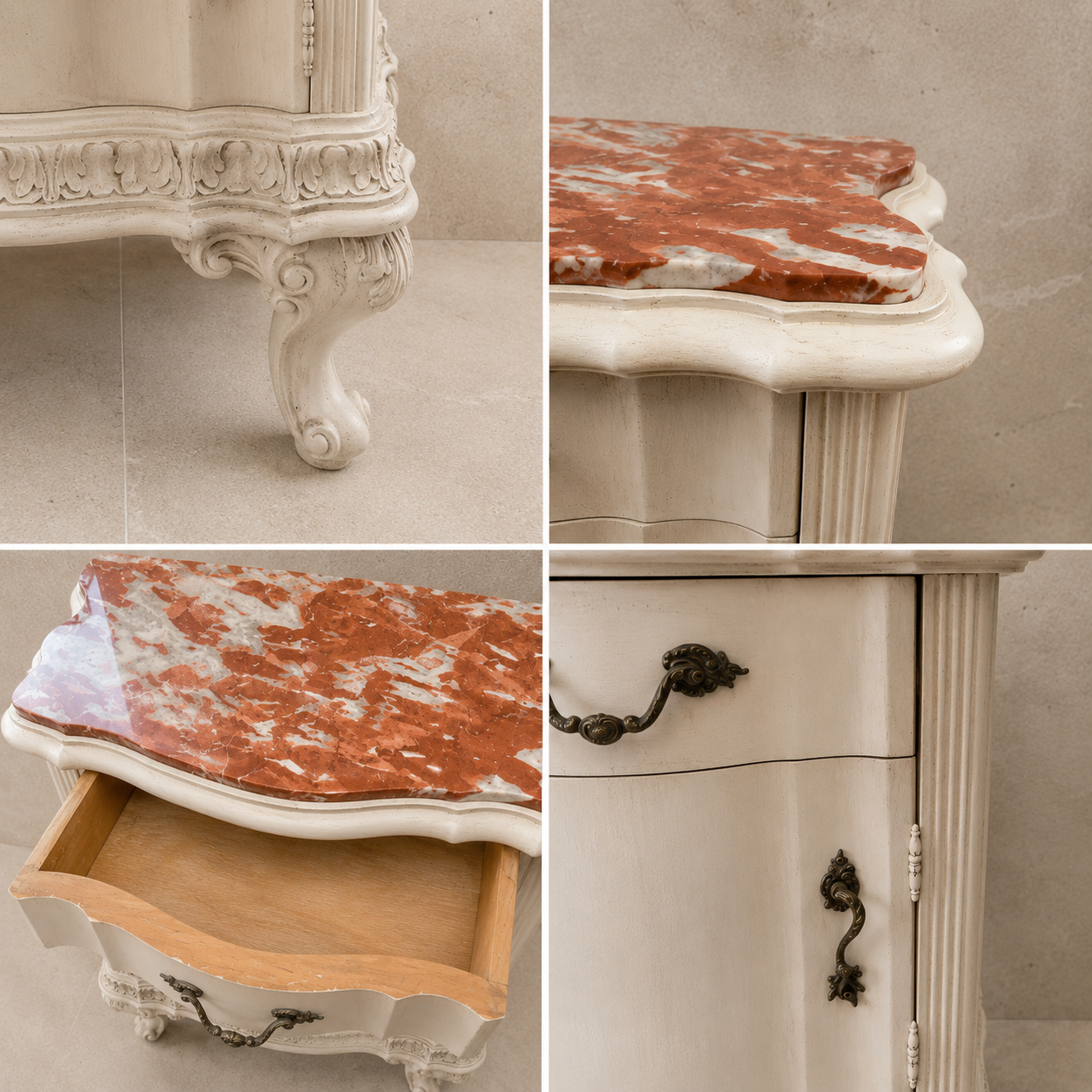 Collage of a decorative cabinet with marble top and drawer. Italian marble bedside tables with red marble.  