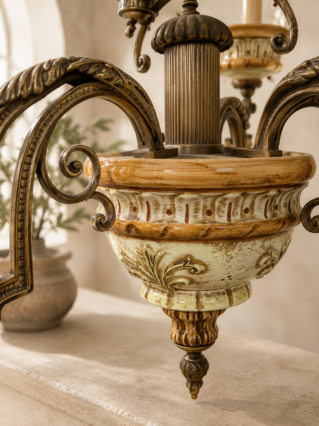 Close-up of an ornate chandelier with intricate details.