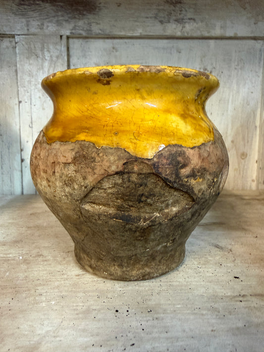 19th Century French Confit Pot Small - Yellow Glazed Rustic Earthenware Vessel