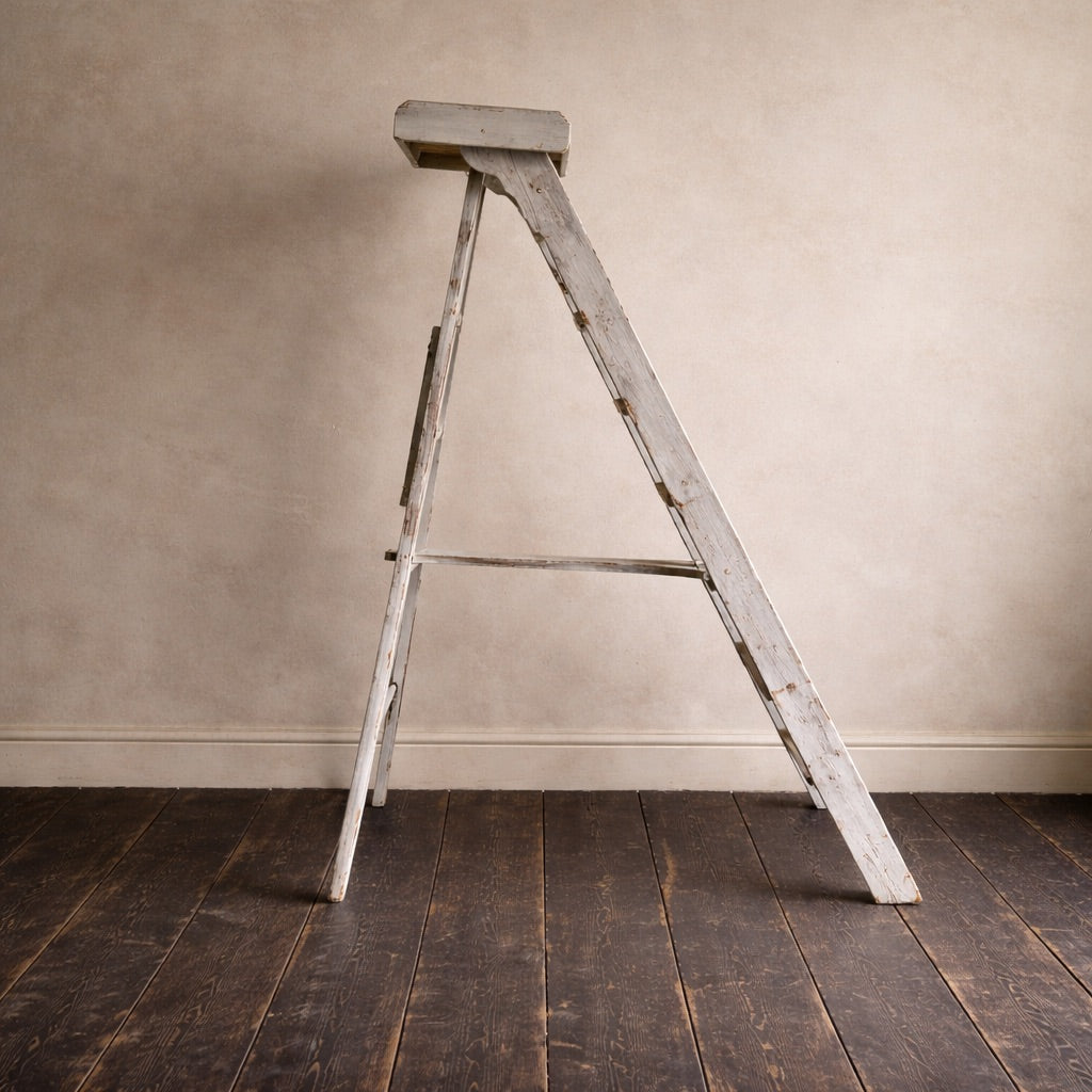 French Antique Library Ladder — Tall, “B.N. Paris” Bibliothèque Nationale
