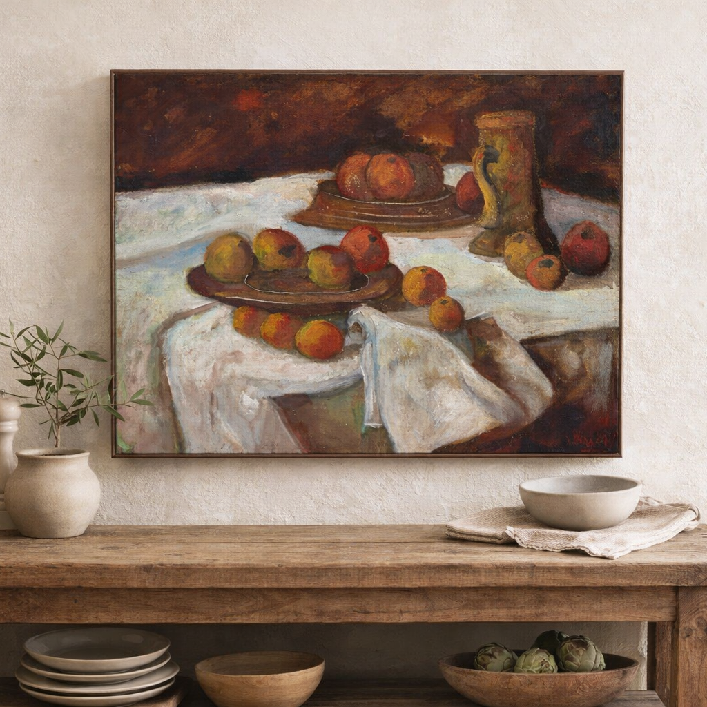 Mid Century Italian Still Life Oil on Canvas | Fruit, Jug & Drapery