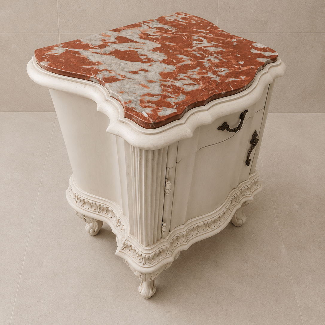 White ornate cabinet with a red marble top on a beige background Italian marble bedside tables with red marble.  