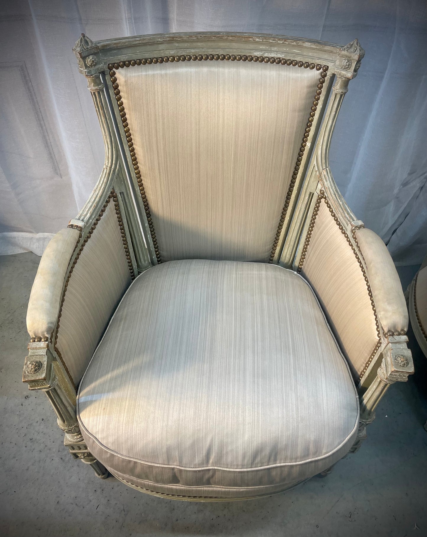 Louis XVI-Style Carved and Sage Peinte Bergère Chairs