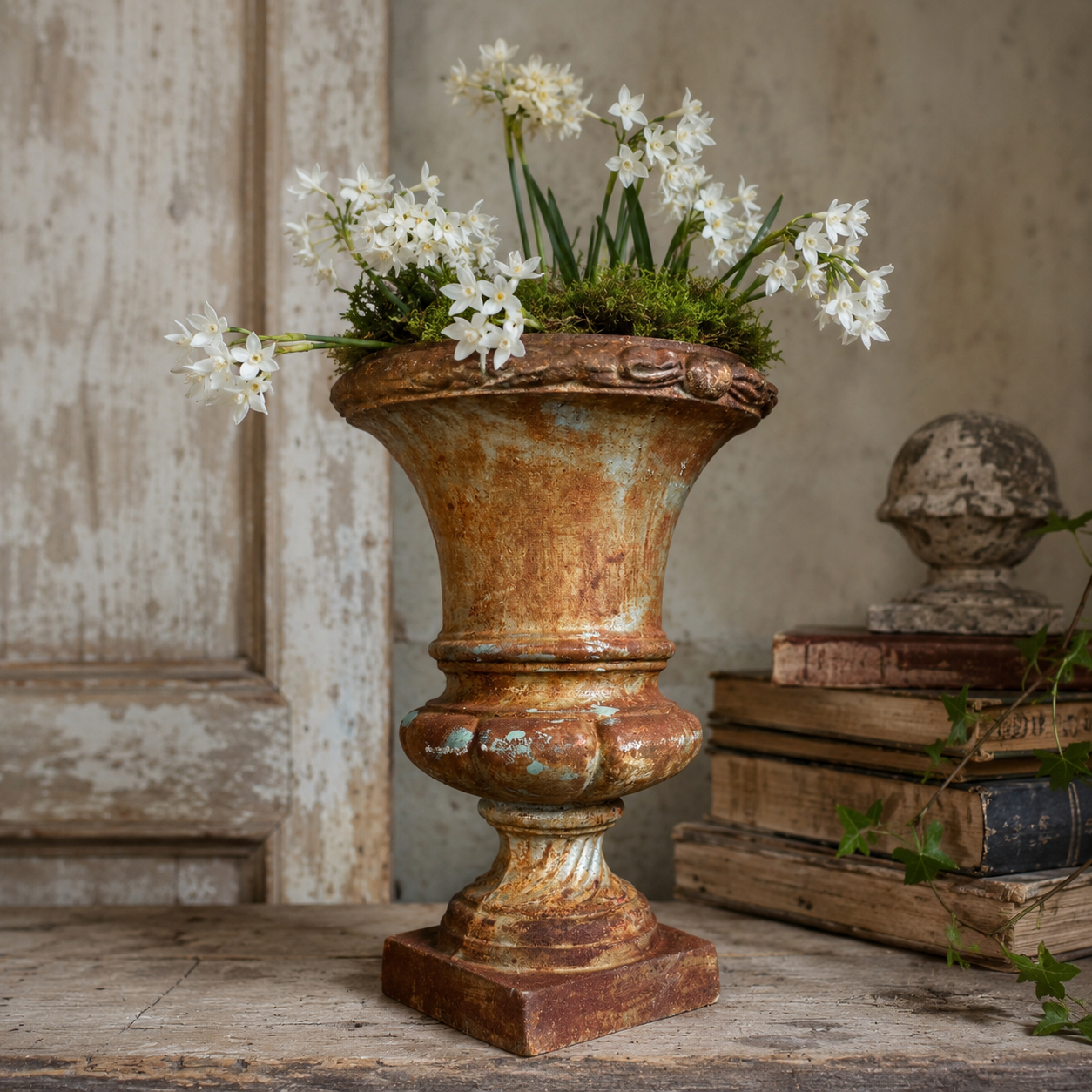 Rustic urn with white flowers on a wooden surface. French antique styling idea for urn. 