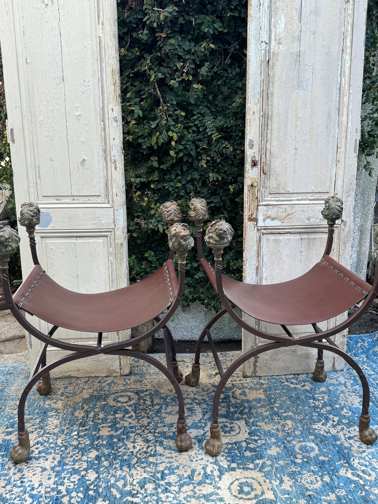 Roman Theatre Chairs with Leather Sling & Brass Accents