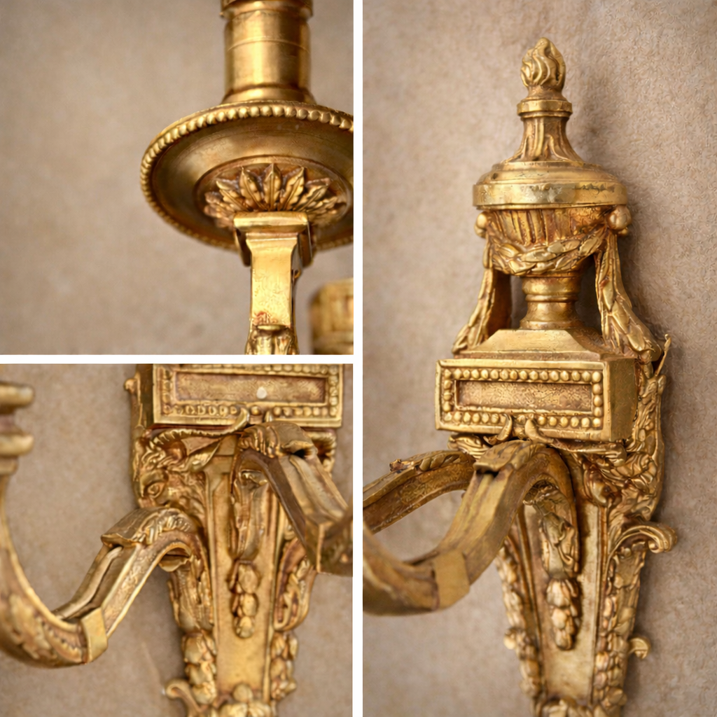Louis XVI Style Three-Arm Brass Wall Sconces