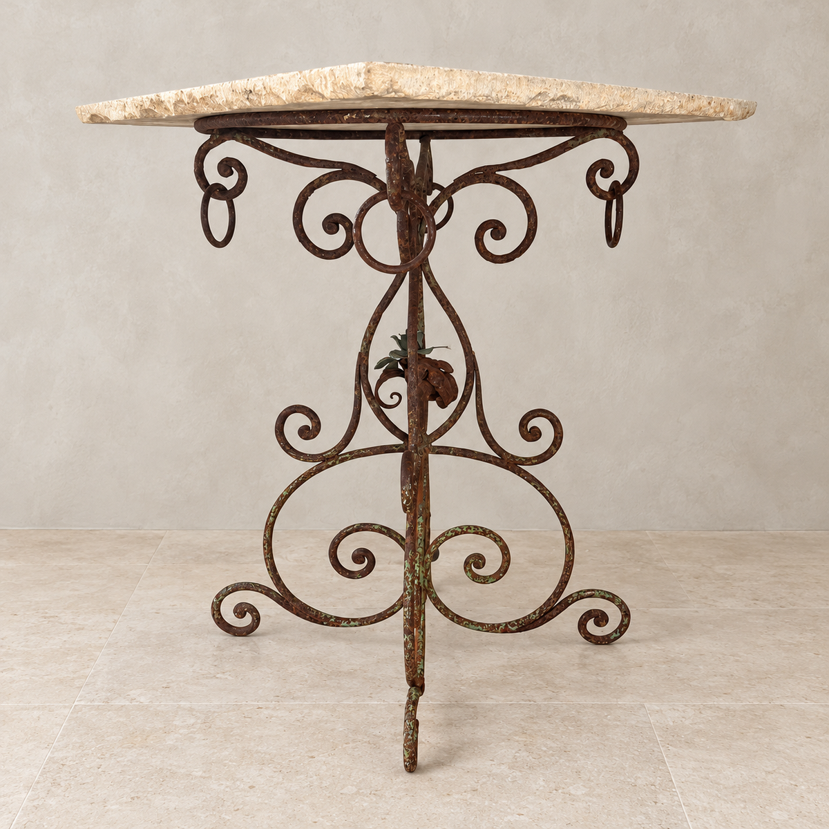 French Iron Scroll Table with White Marble Top