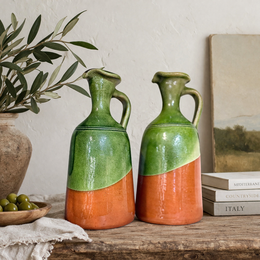 Vintage Italian Olive Oil Jugs (Pair) | Green Glaze over Terracotta, Mid–Late 20th Century