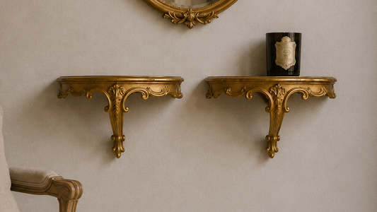Two ornate gold wall-mounted console shelves with carved details, displayed on a textured beige wall beneath an oval gold mirror. A small black candle sits on the right shelf, and part of a matching upholstered chair is visible in the lower left corner.