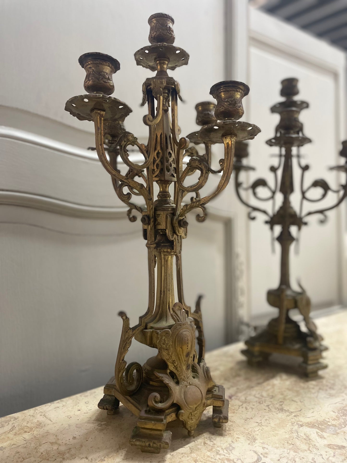 French Bronze Candelabra with Family Crest