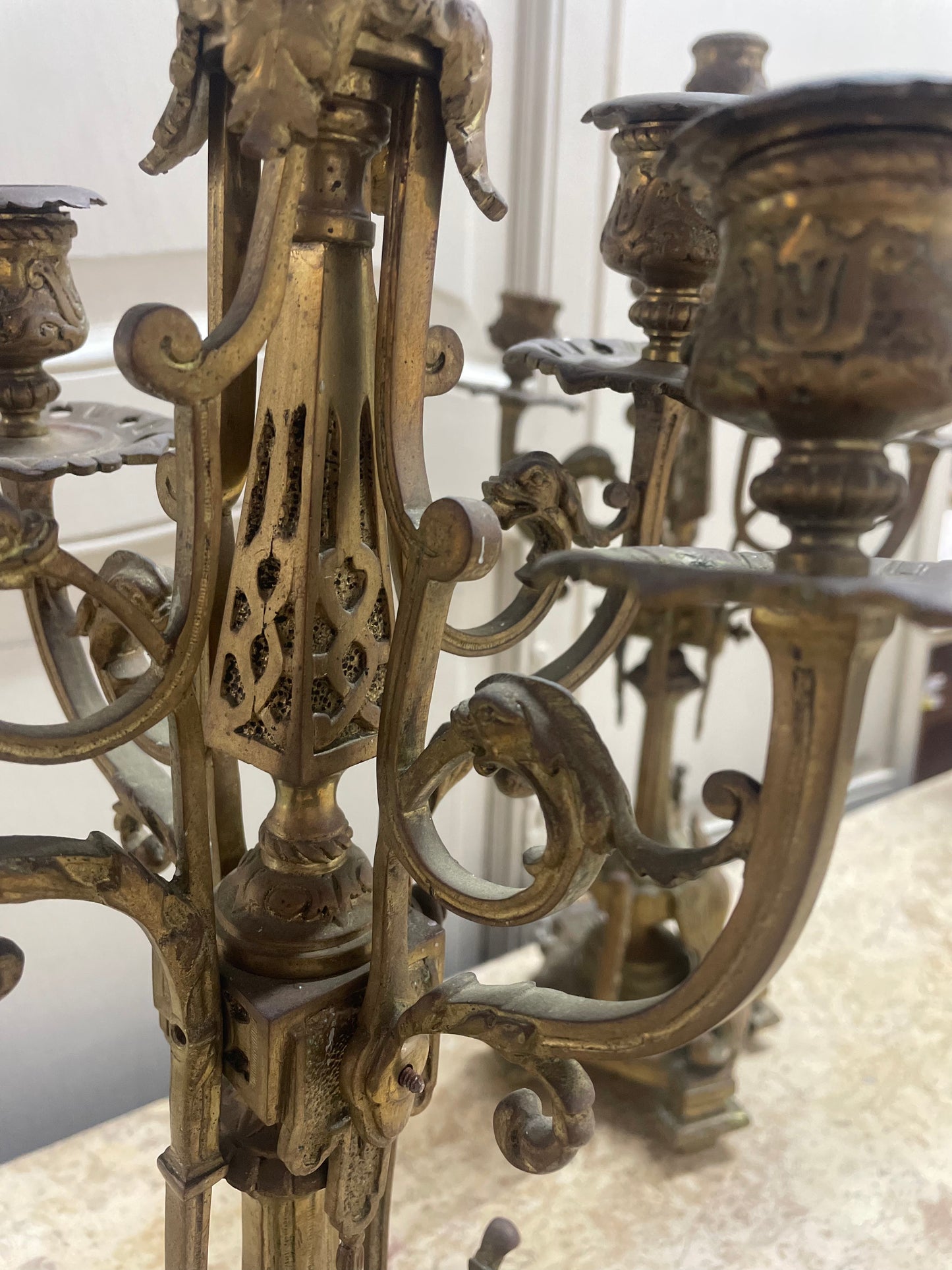 French Bronze Candelabra with Family Crest