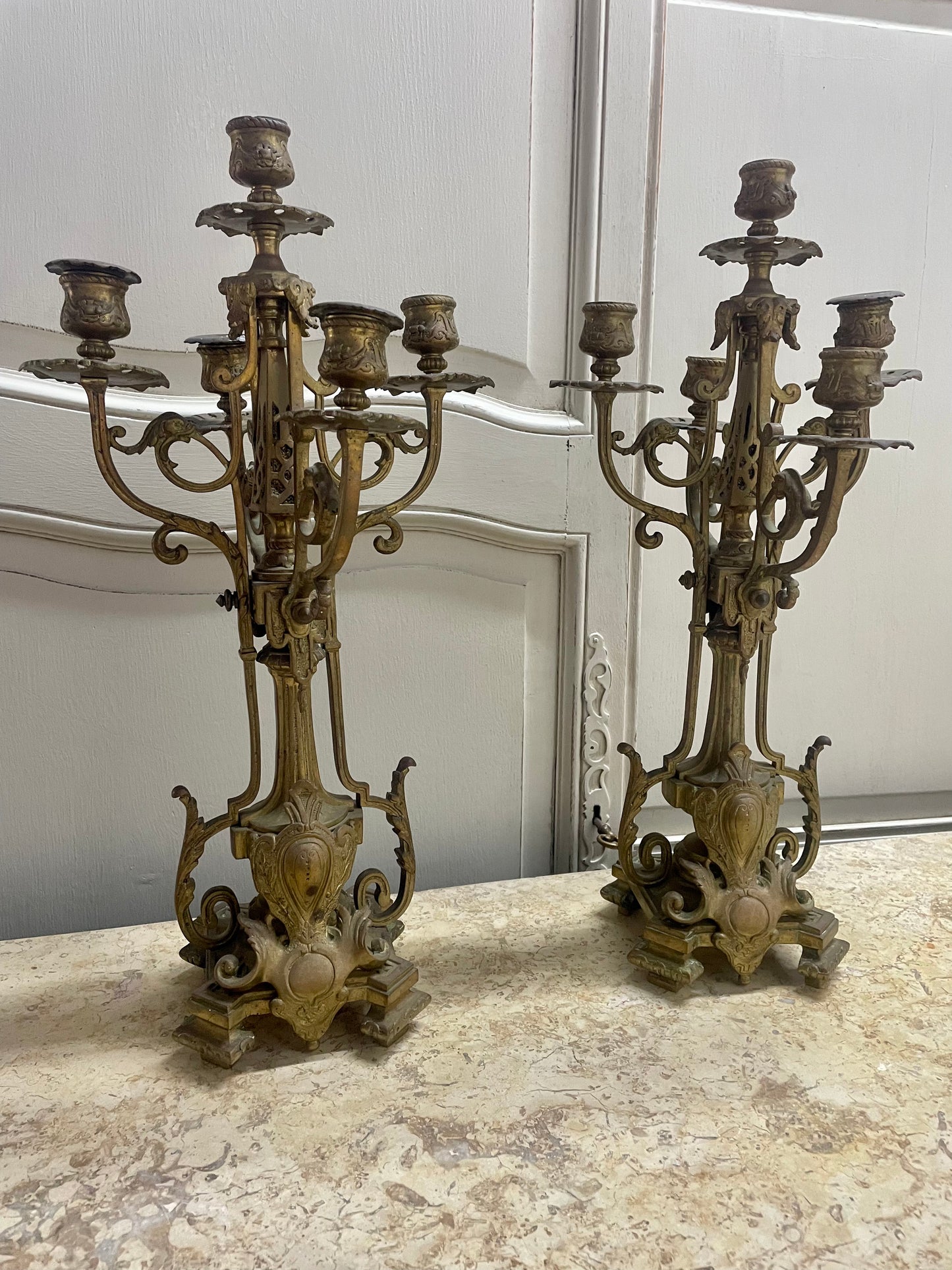 French Bronze Candelabra with Family Crest