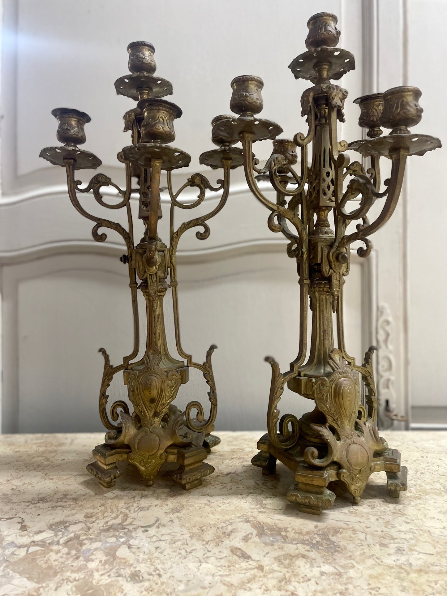 French Bronze Candelabra with Family Crest