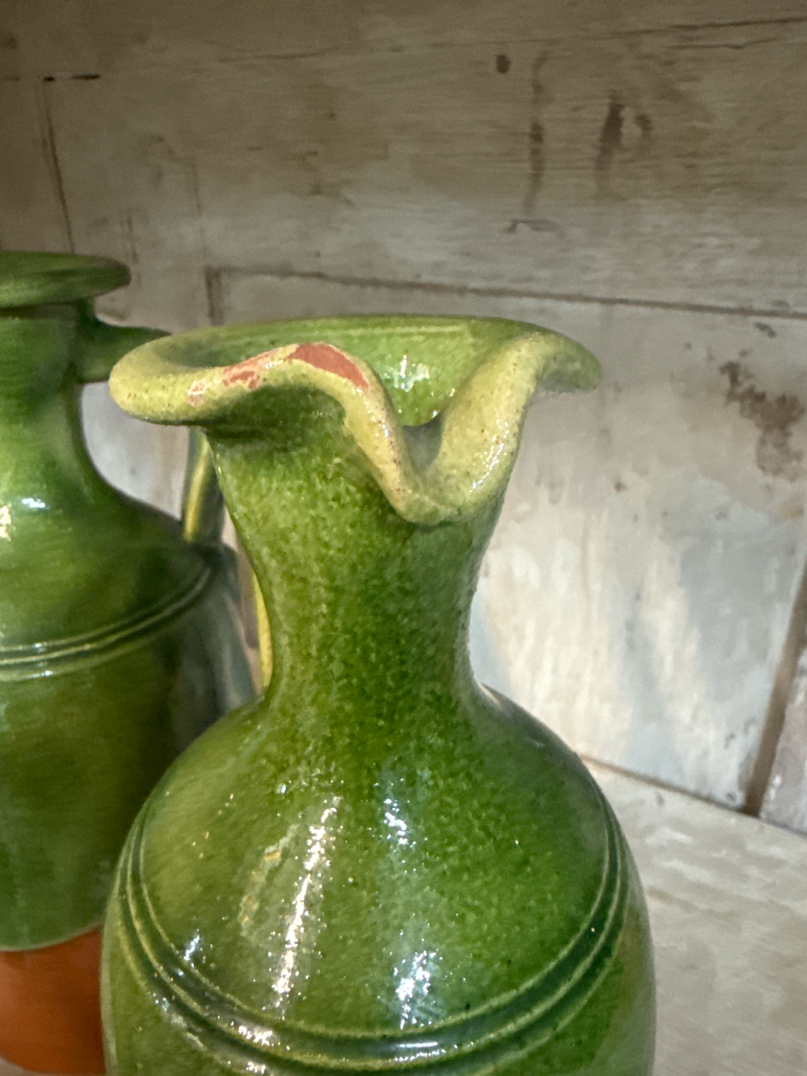 Vintage Italian Olive Oil Jugs (Pair) | Green Glaze over Terracotta, Mid–Late 20th Century