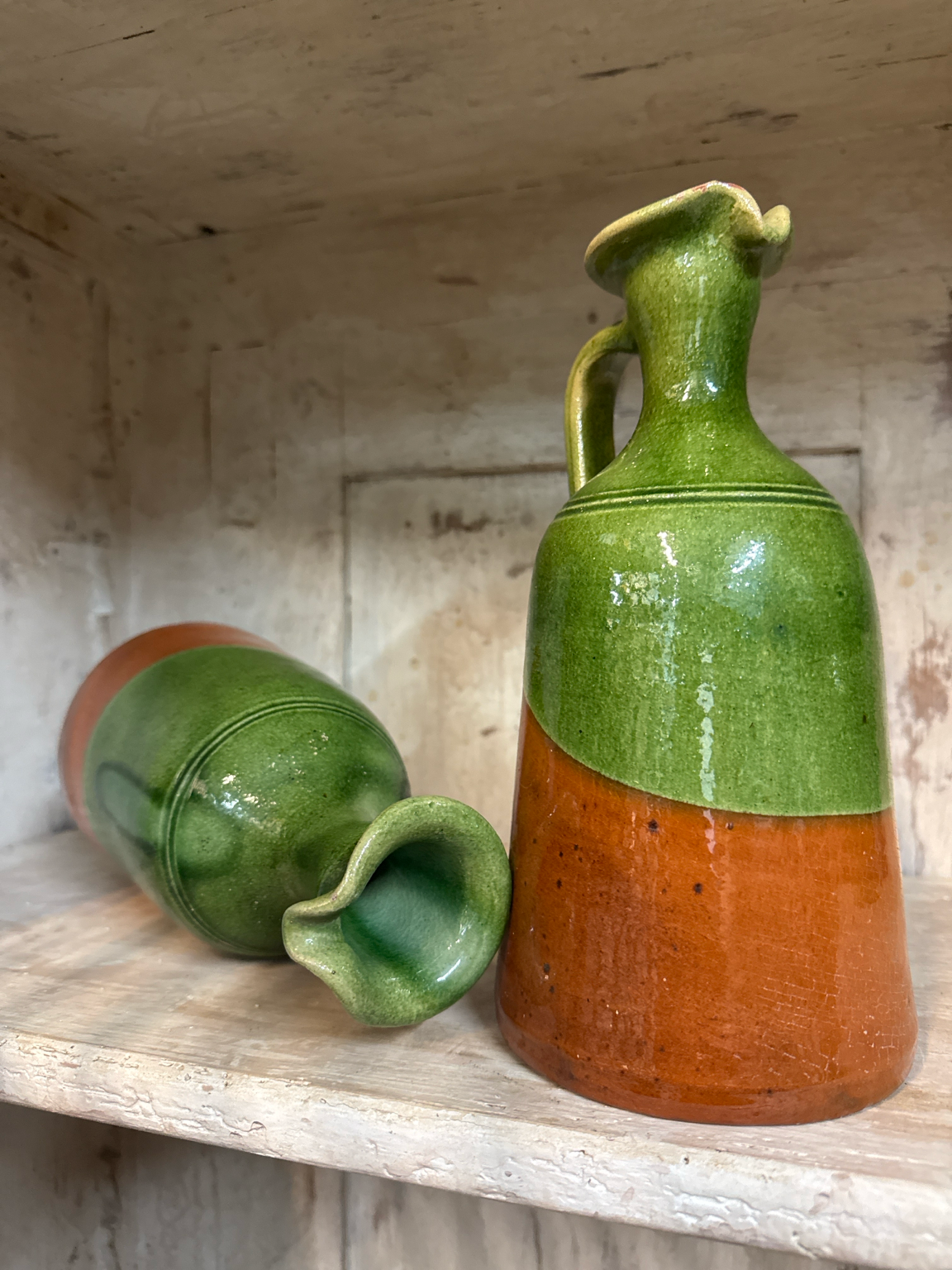 Vintage Italian Olive Oil Jugs (Pair) | Green Glaze over Terracotta, Mid–Late 20th Century