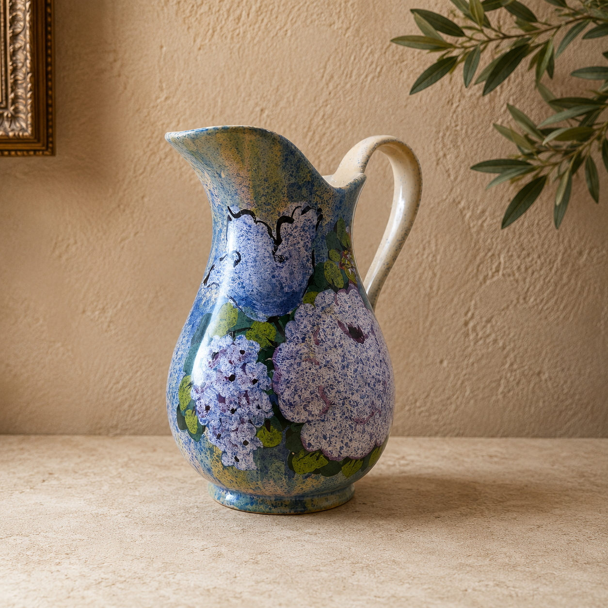 Large Italian Bellini Più Hand-Painted Floral Pitcher