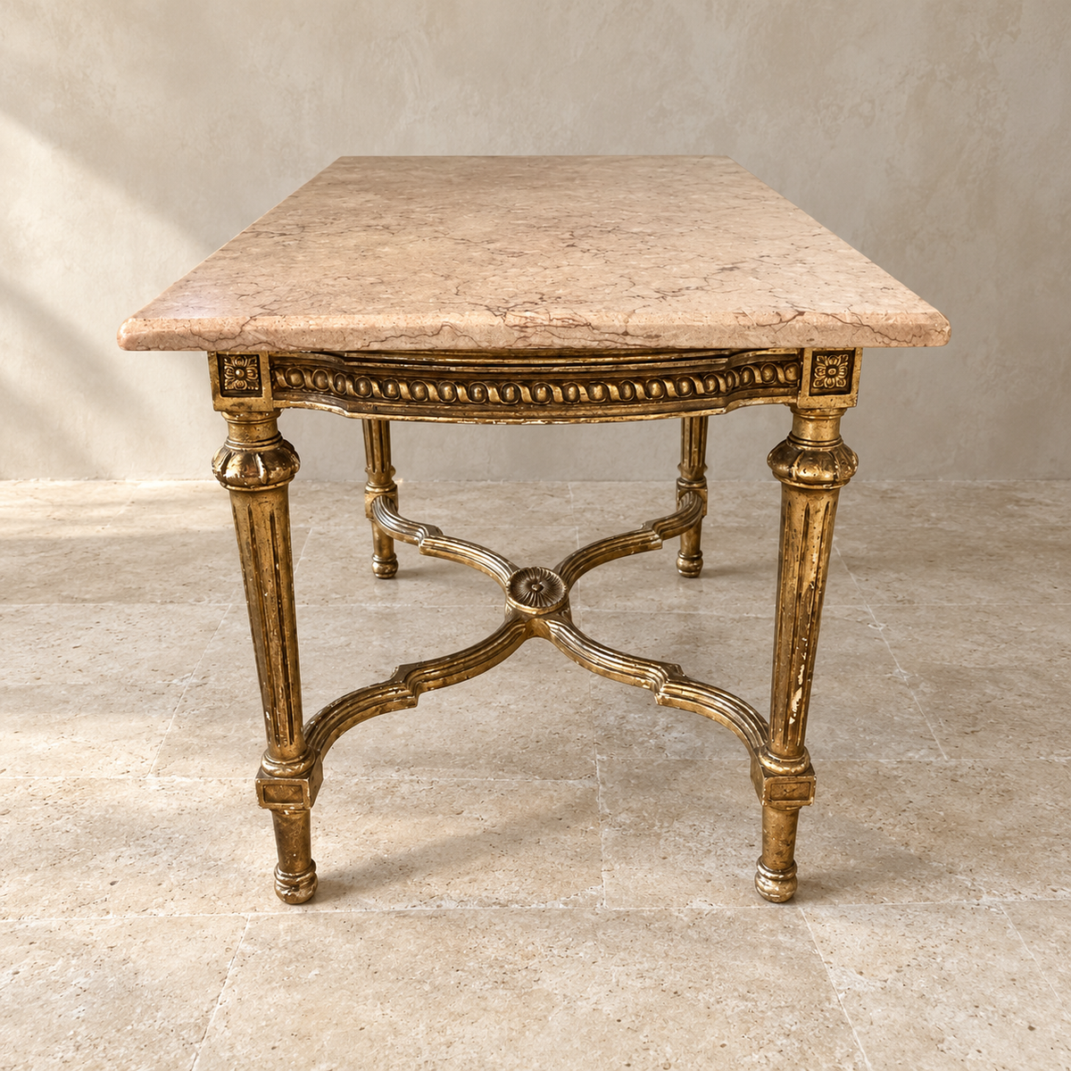 French Louis XVI Style Gilt Coffee Table with Peach Marble